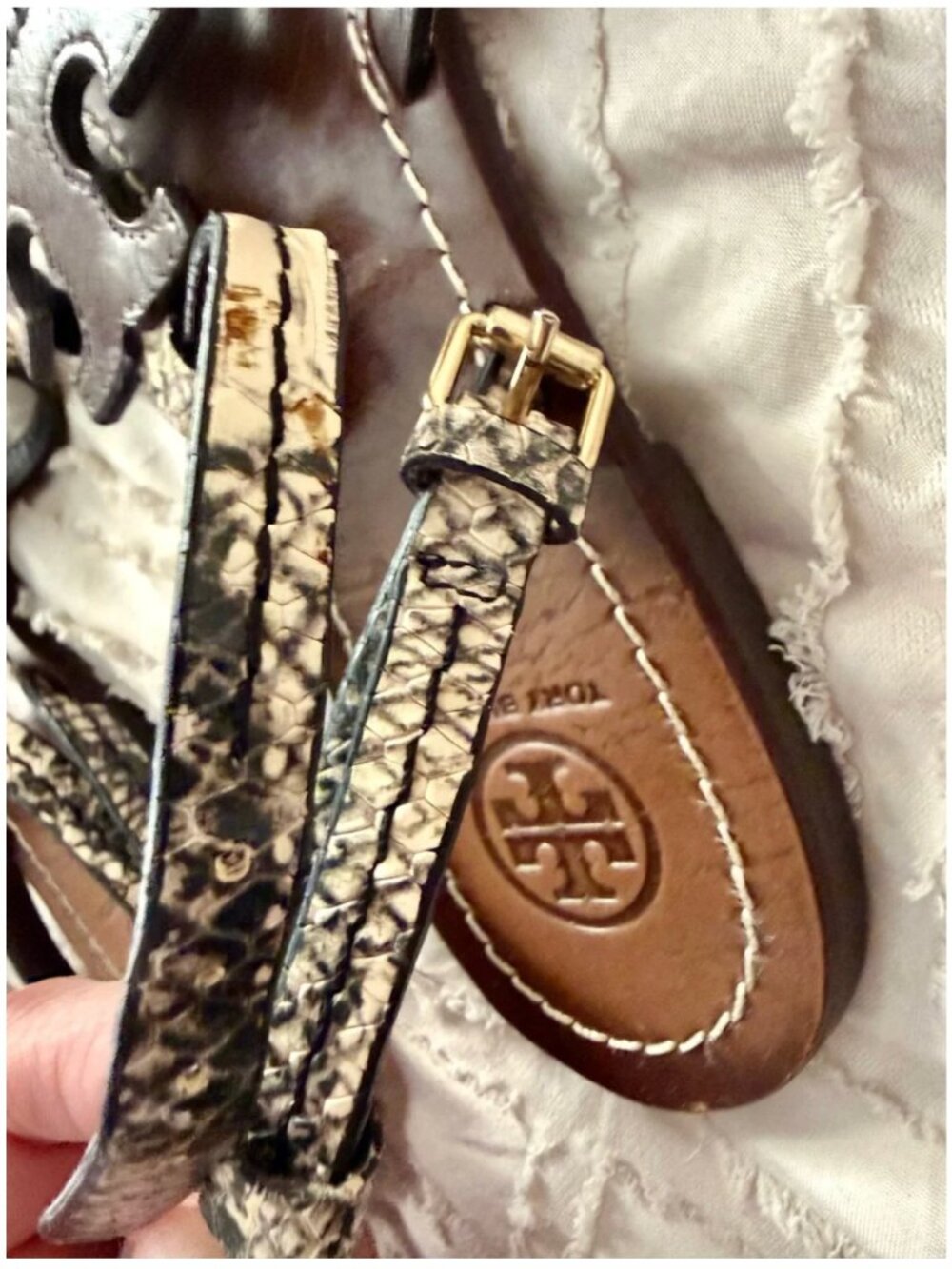 Tory Burch Phoebe Chandler Flat Leather Sandals with Snake-Print Trim - Picture 11 of 16
